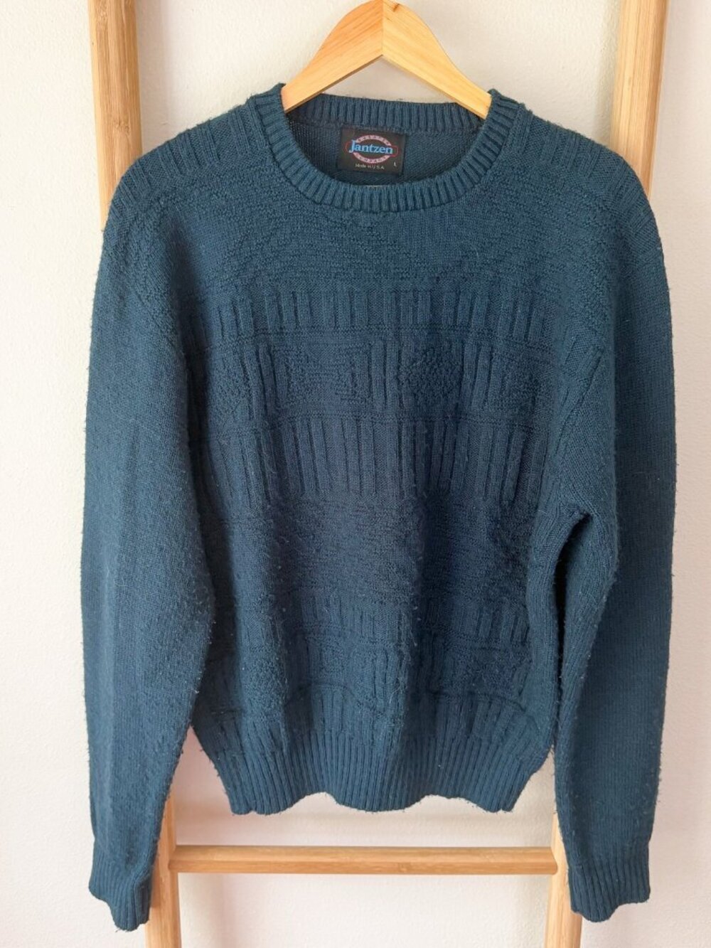 Vintage Jantzen Sweater Made USA Textured Knit Blue Men’s Size Large